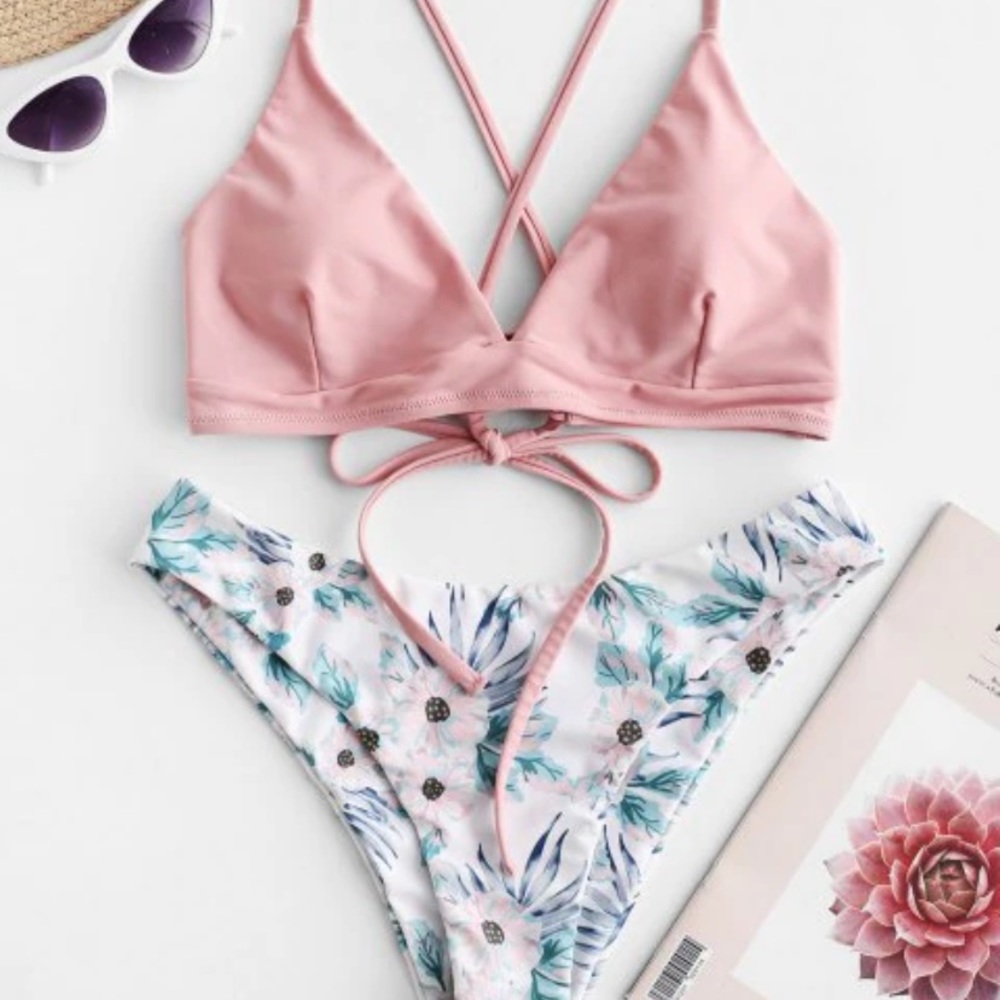 ZAFUL Criss Cross Floral Padded Bikini Light Pink